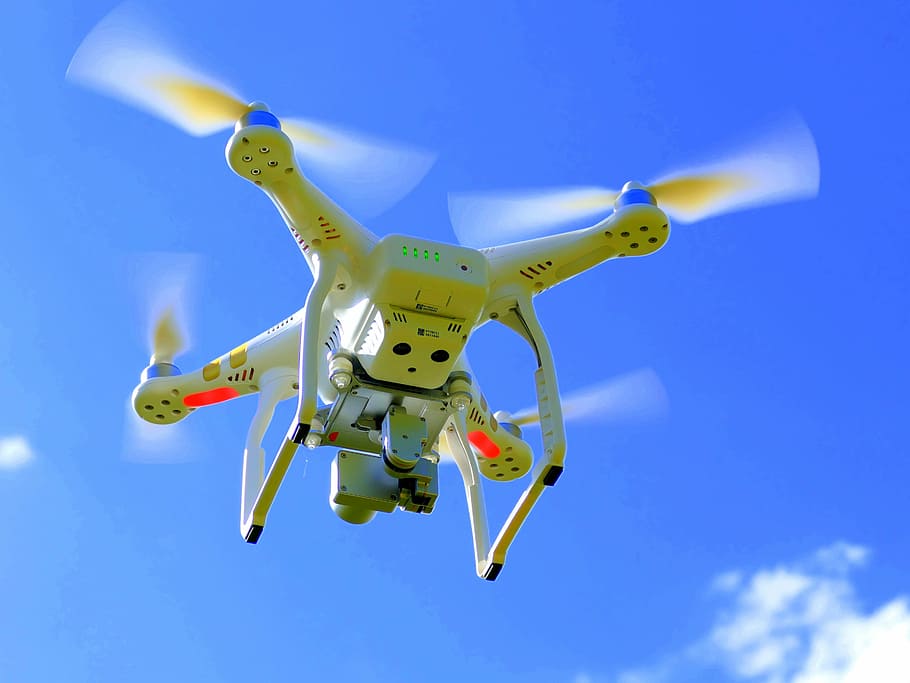 flying drone on sky, quadcopter, quadrocopter, flying machine, HD wallpaper