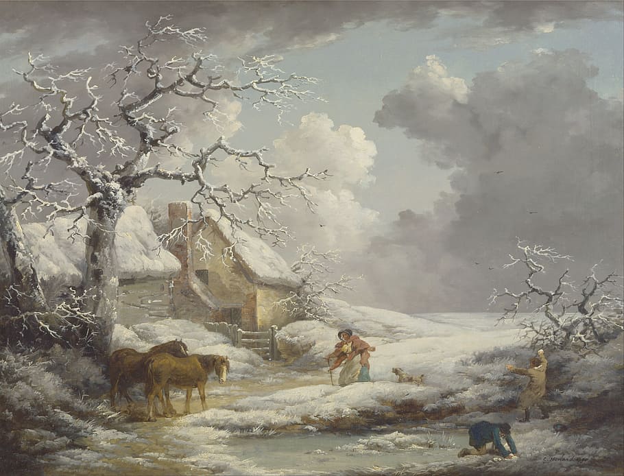house cover with snow beside bare tree painting, george morland, HD wallpaper