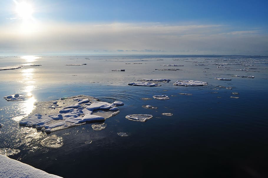 winter, ice, landscape, floating chunks, ocean, sun, clouds HD wallpaper