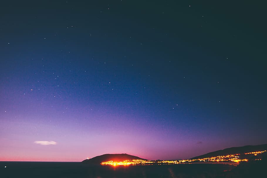 city lights during twilight, blue, clear, sky, mountain, building HD wallpaper