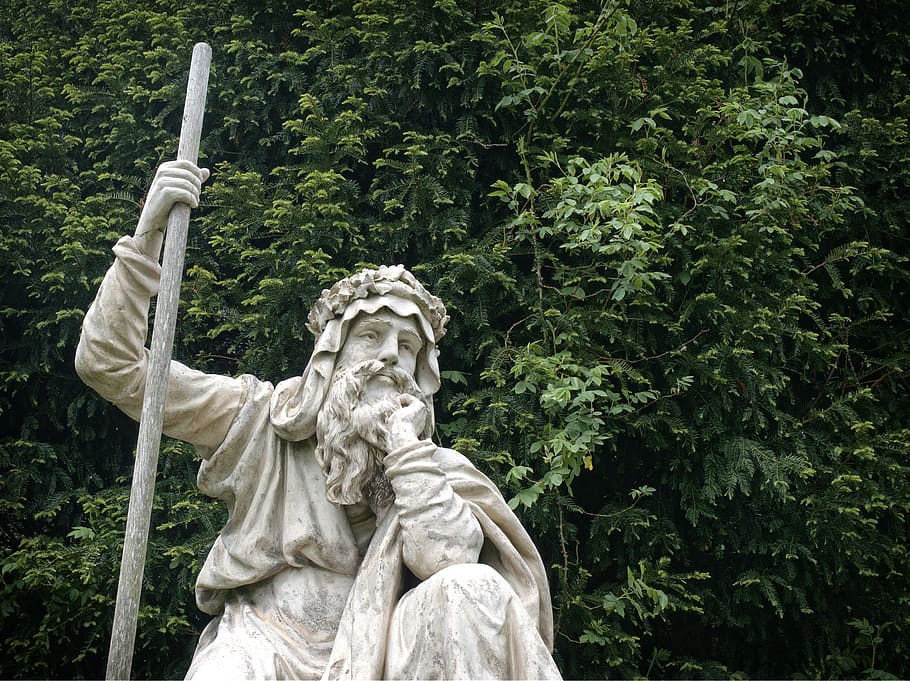 man holding stick statue near tree, druid, croome, thinker HD wallpaper