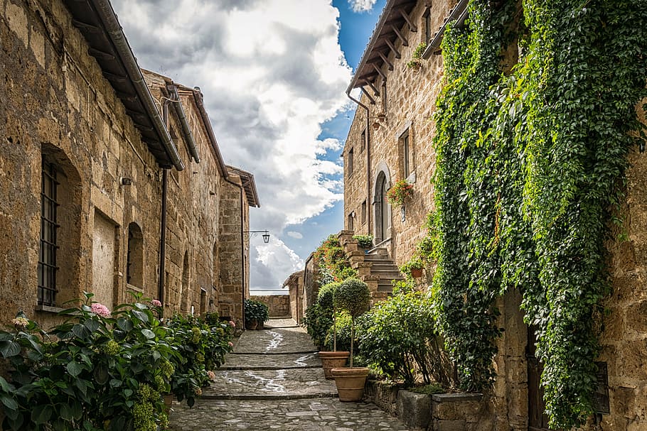 brown concrete houses, alley, road, middle ages, ivy, mediterranean, HD wallpaper
