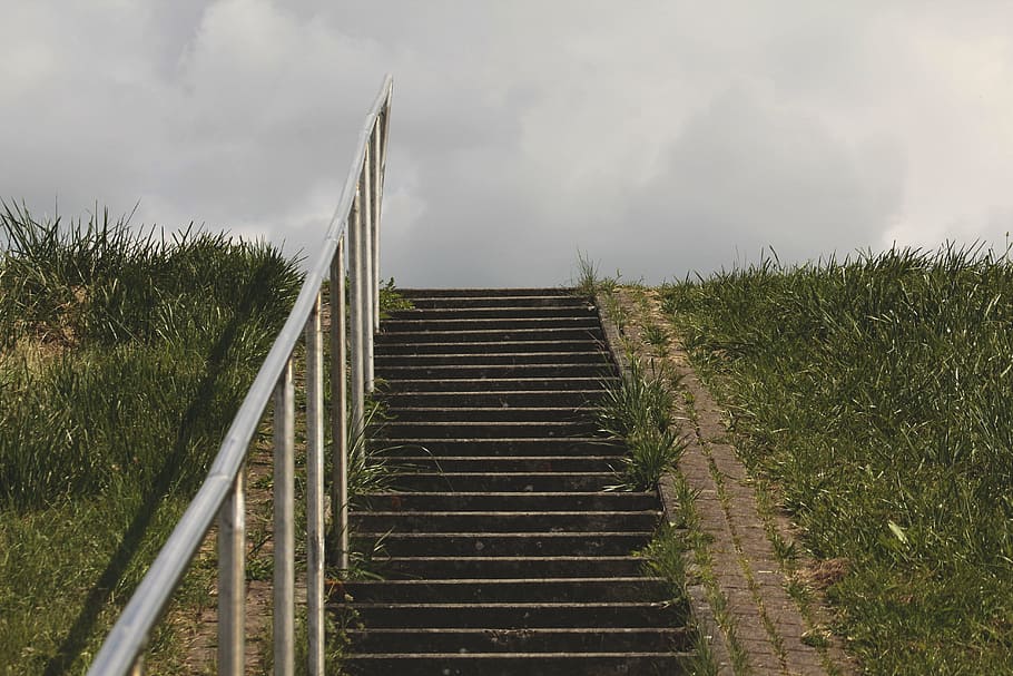 gradually, stairs, dike, grass, railing, metal, cold, clouds HD wallpaper