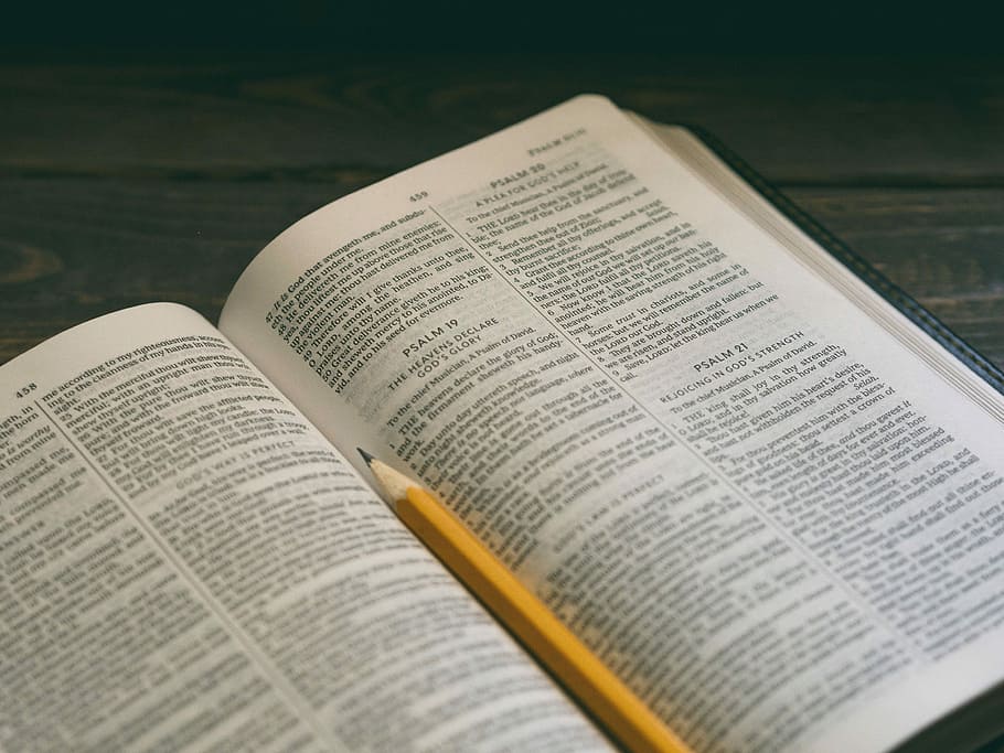 book page with pencil, pencil on bible, read, psalm, publication HD wallpaper