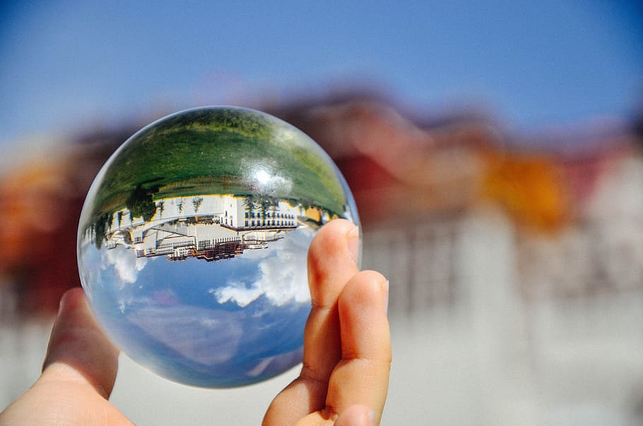 crystal ball, tibet, creative, reflection, lens, holding, sphere HD wallpaper