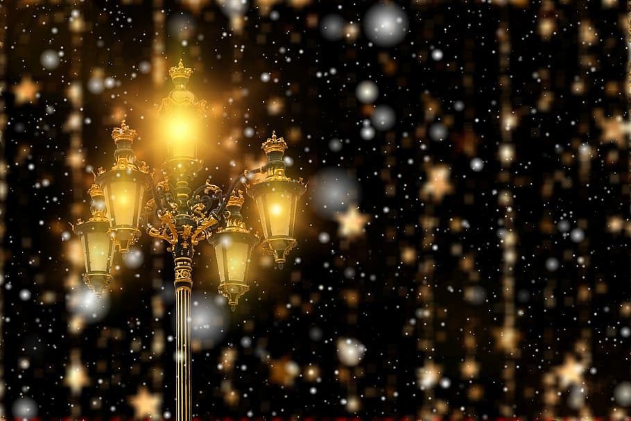 brown and black lamppost turned-on, christmas, star, lantern HD wallpaper