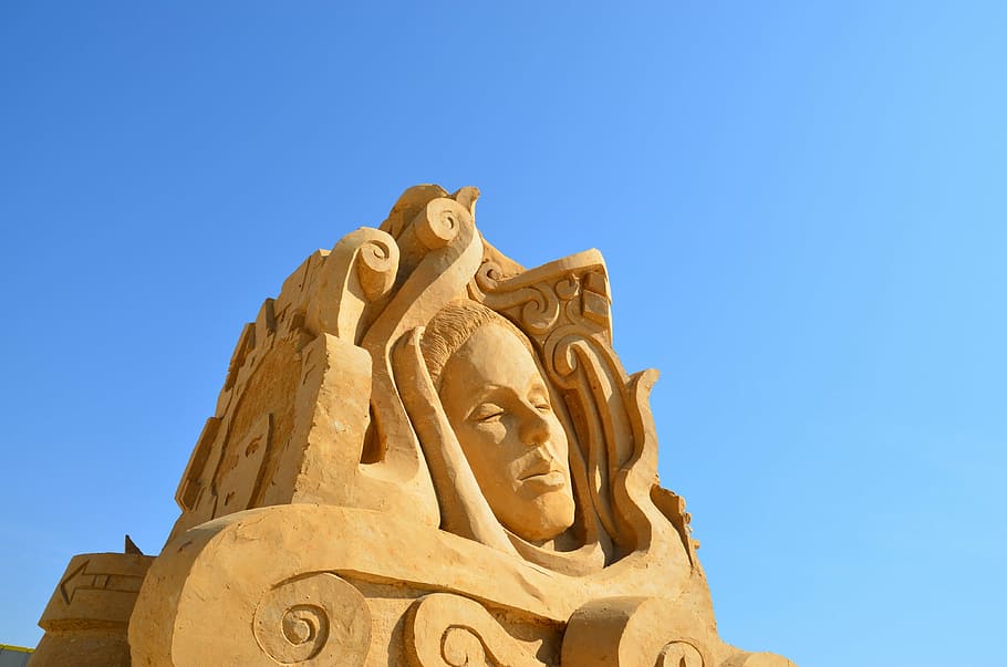 woman concrete bust, sculpture, sand, statue, design, figure HD wallpaper