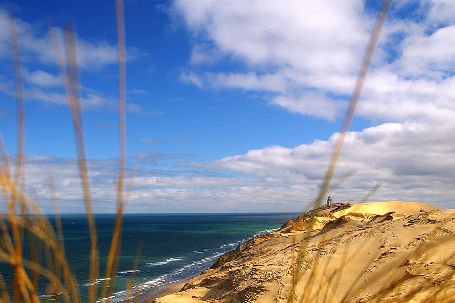 denmark, sea, lighthouse, dunes, water, sky, cloud - sky, horizon HD wallpaper
