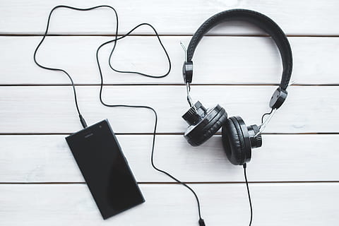 Black headphones with mobile smartphone, business, computer, connection HD wallpaper