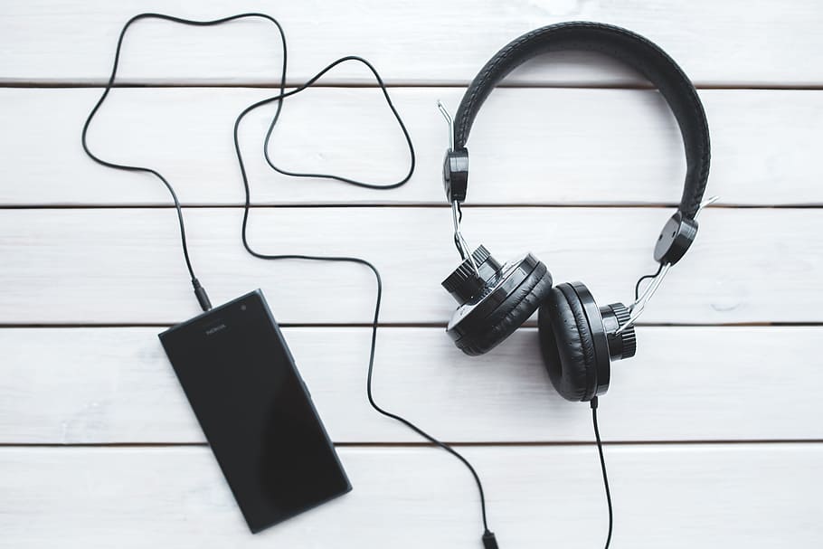Black headphones with mobile smartphone, business, computer, connection HD wallpaper