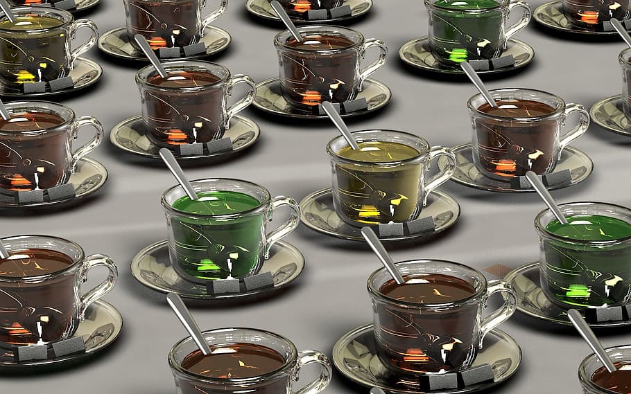 clear glass teacup with assorted-color liquid inside lot, tee, HD wallpaper