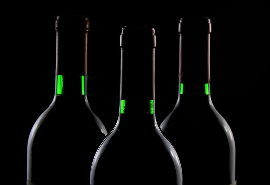 three glass bottles, beverage, wine, drink, alcohol, alcoholic HD wallpaper