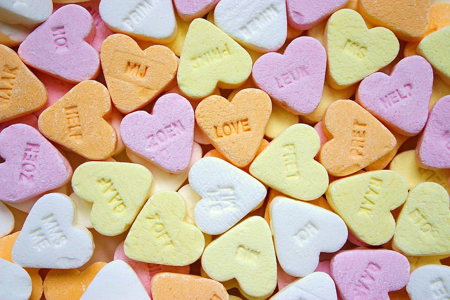 assorted-color hearts, candy, food, sweet, unhealthy, eating, HD wallpaper