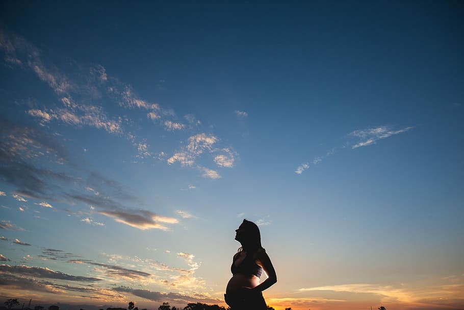 silhouette of pregnant woman on sunset photography, landscape, HD wallpaper