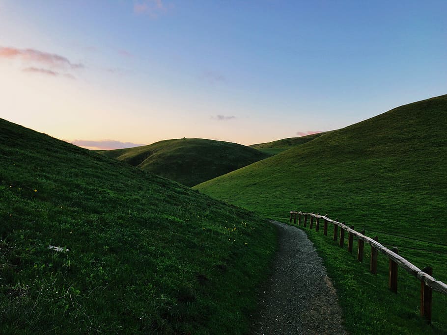 pathway near the hill, green, railing, trail, adventure, sky HD wallpaper