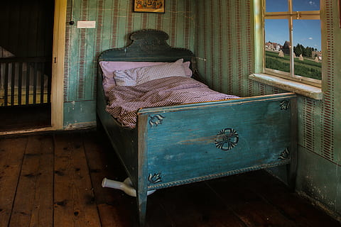 closeup photo of teal bed with pink bed sheet near window, sleep HD wallpaper