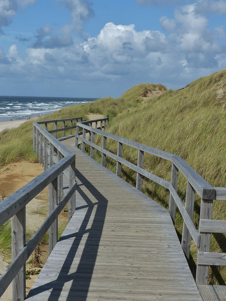 Boardwalk, Clouds, Sylt, sky, blue, summer, sea, coast, railing HD wallpaper