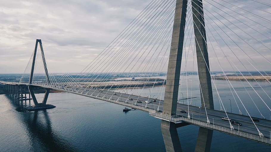 gray suspension bridge, aerial photography of gray bridge, water HD wallpaper
