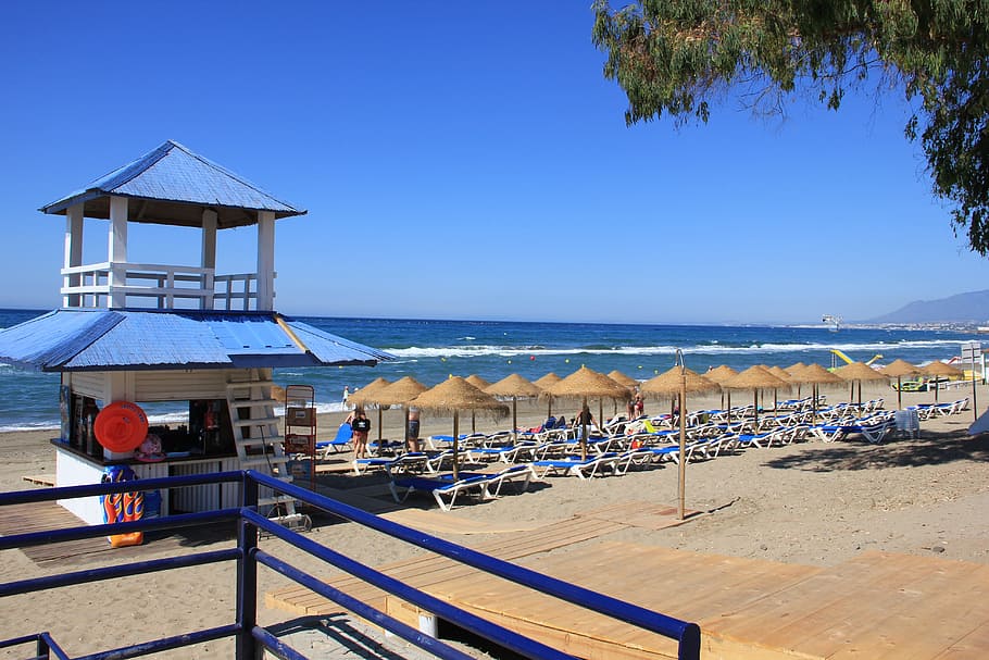 sea, summer, spain, beach, water, land, sky, chair, nature HD wallpaper