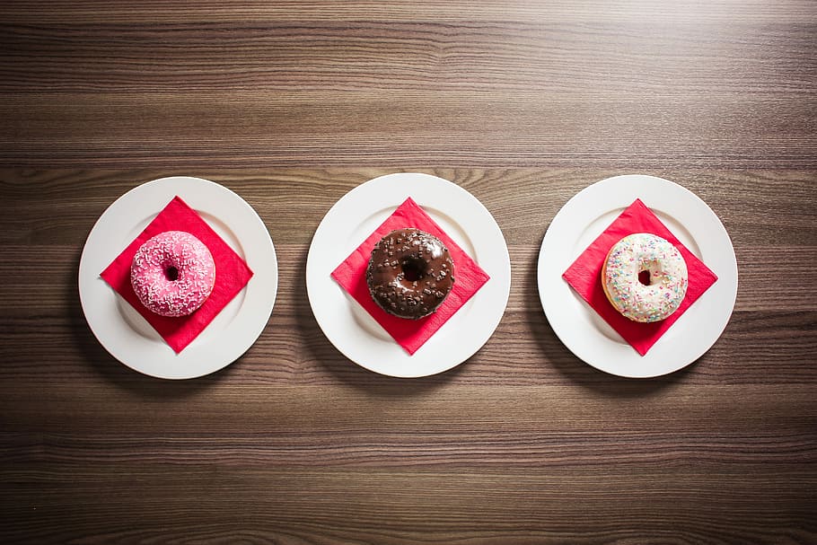 Three Sweet Donuts, colorful, food, hungry, minimalistic, yummy