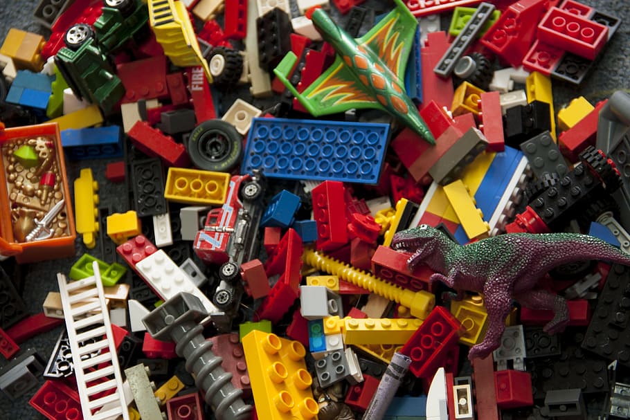 lego, blocks, dinosaur, plane, truck, treasure, ladder, screws HD wallpaper