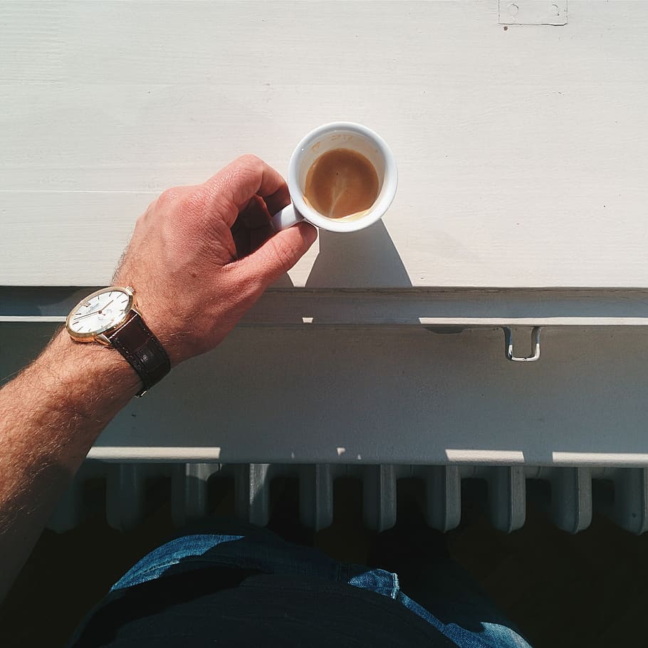 Espresso o’clock, coffee, hands, top view, white background HD wallpaper