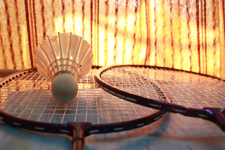 shuttlecock and pair of badminton rackets, Games, Sports, racquet