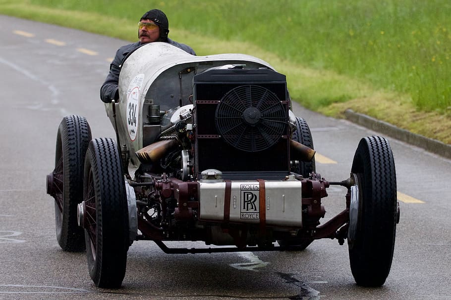 oldtimer, racing car, rollce royce, wet, transportation, mode of transportation HD wallpaper