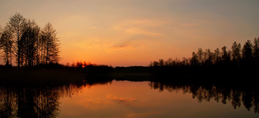 sunset, nature, monolithic part of the waters, panoramic, lake