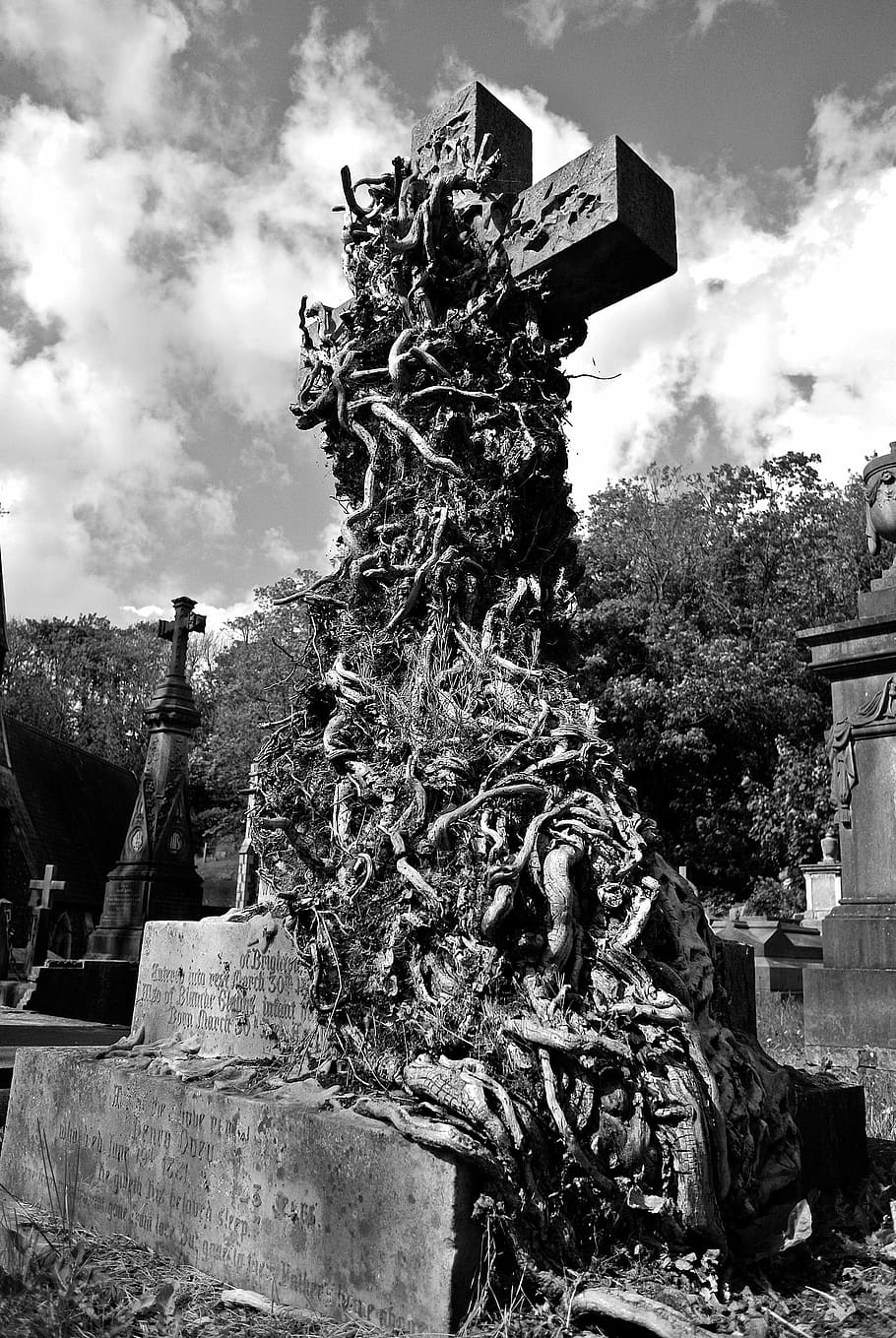 grayscale photo of cross on graveyard, cemetery, burial, death