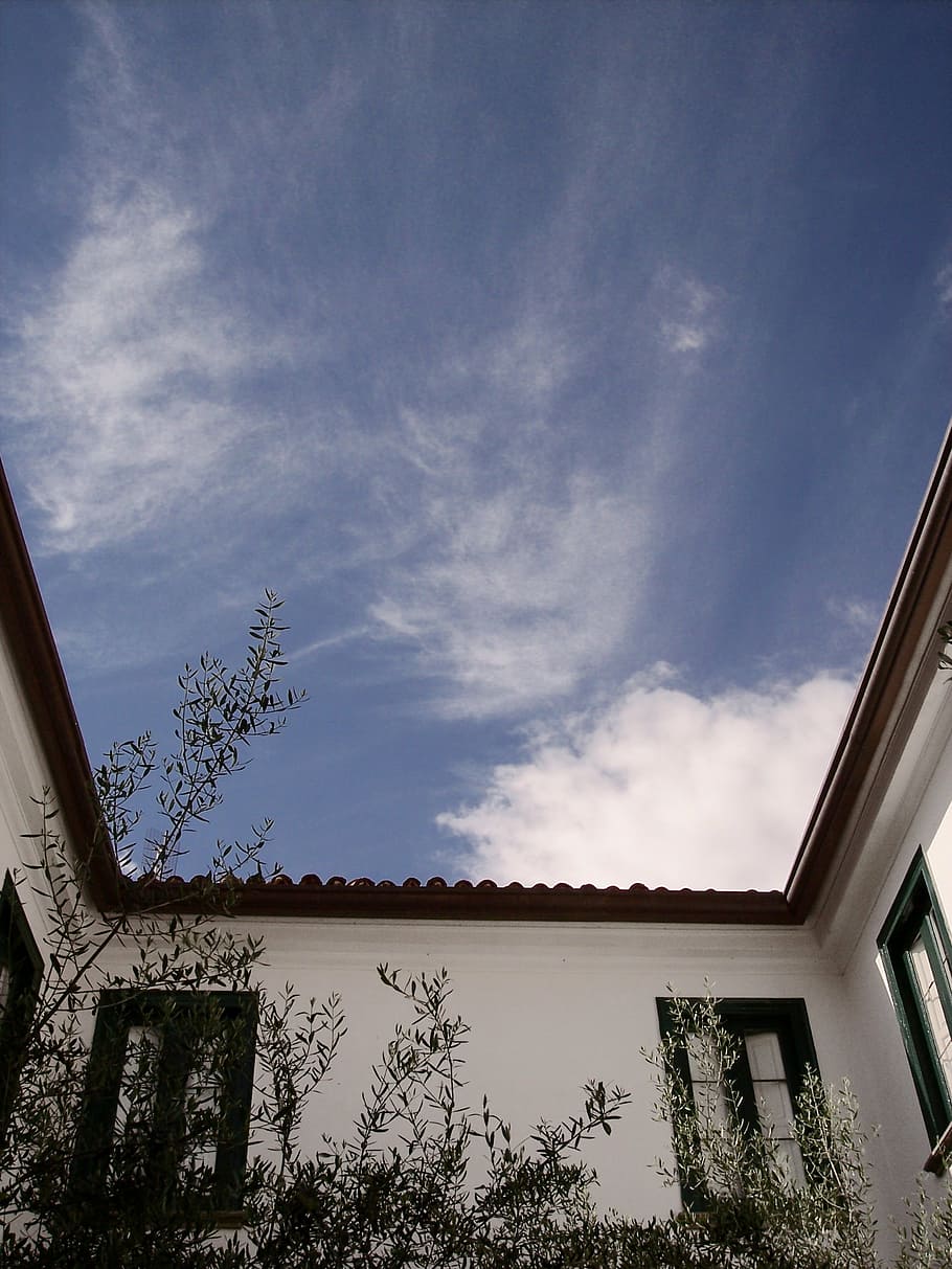 sky, courtyard, trees, clouds, window, architecture, house HD wallpaper