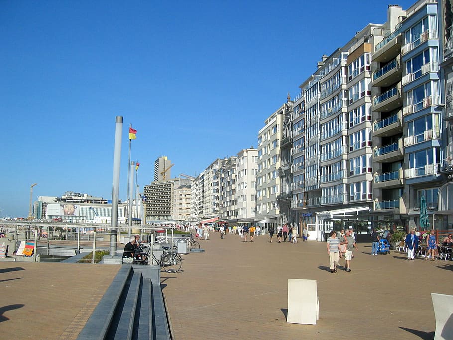 Promenade at Ostend seaside in Belgium, beach, buildings, hotels, HD wallpaper