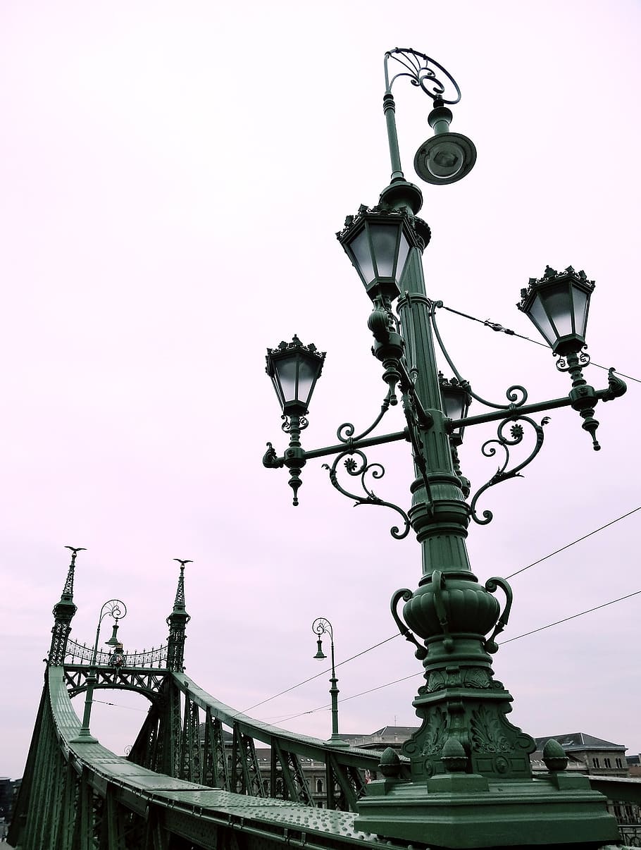 budapest, bridge, winter, green, sky light, metal, perspective HD wallpaper