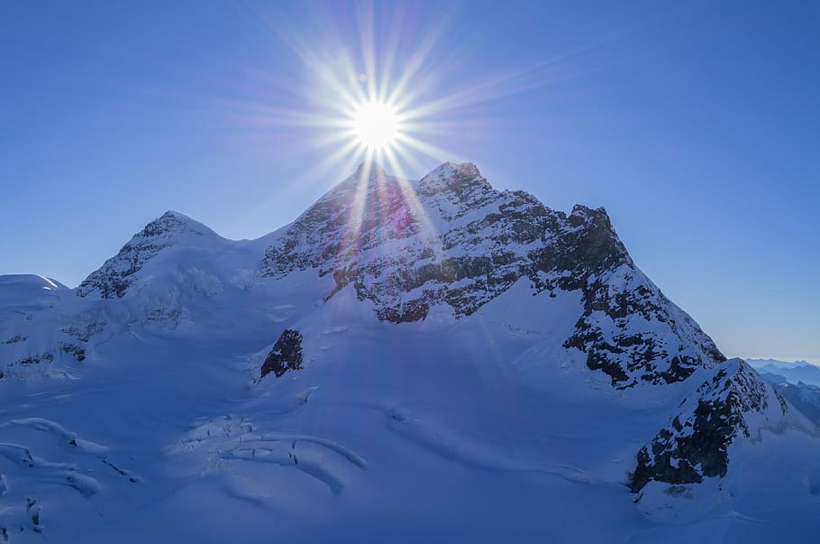 snow-covered mountain under clear blue sky, mountain coated snow HD wallpaper