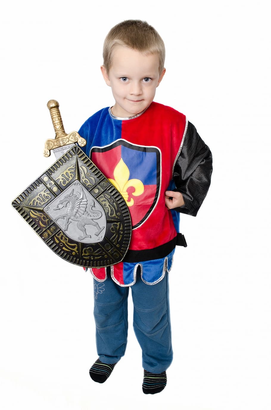 boy holding sword and shield toys, child, baby, kid, bairn, binoculars, HD wallpaper