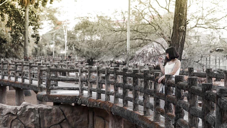Woman in White Shirt Standing on Black Bridge, concrete, daylight HD wallpaper