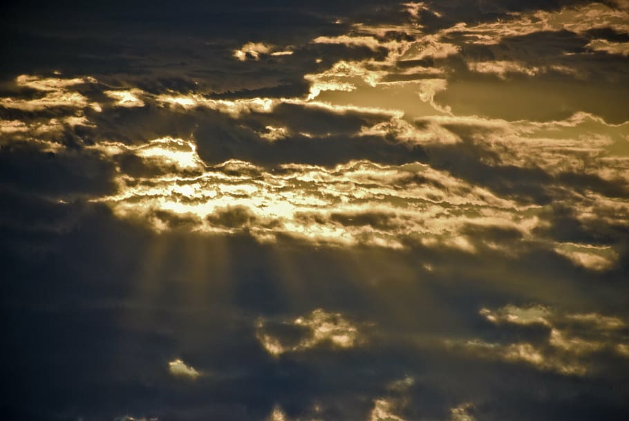 sunset, clouds, gold, amber, light, sunlight, beams, sundown HD wallpaper