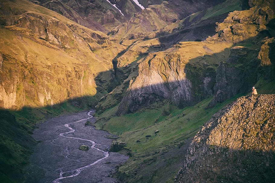high-angle photography of green mountain and river, high angle photography of lake between mountain cliffs HD wallpaper
