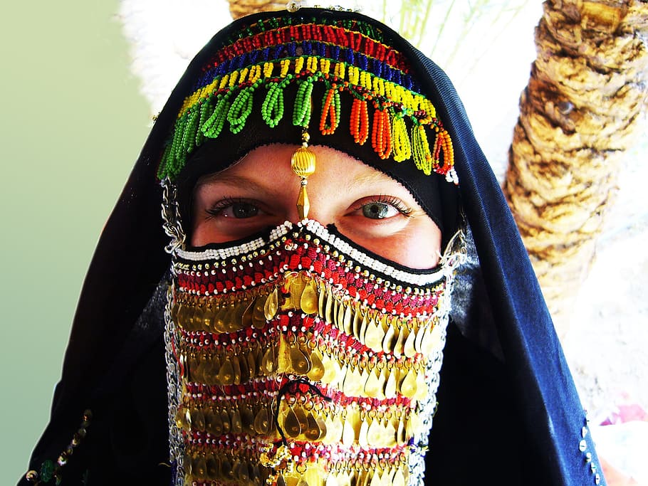 woman covered her face with sequined mask and headdress, person, HD wallpaper
