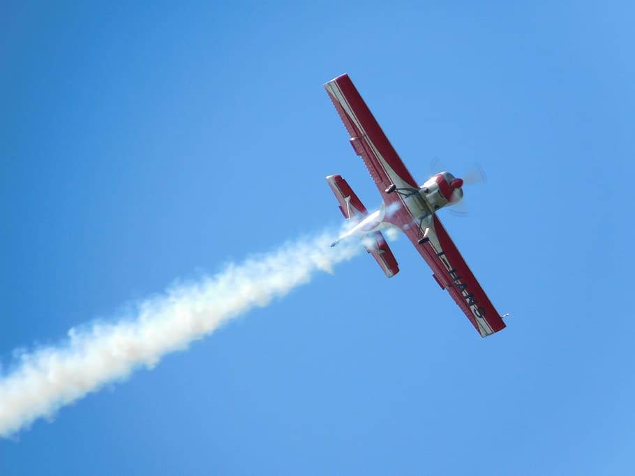 red and white monoplane, airplane, wake, sky, acrobatic, aerobatic airplane HD wallpaper