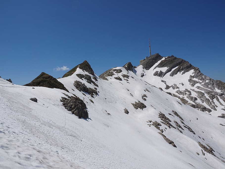 Säntis, Summit, Transmission Tower, snow fields, alpine, alpine peaks HD wallpaper
