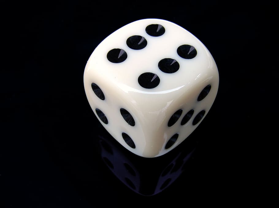 white and black dice displaying 6 dots, cube, six, gambling, lucky dice