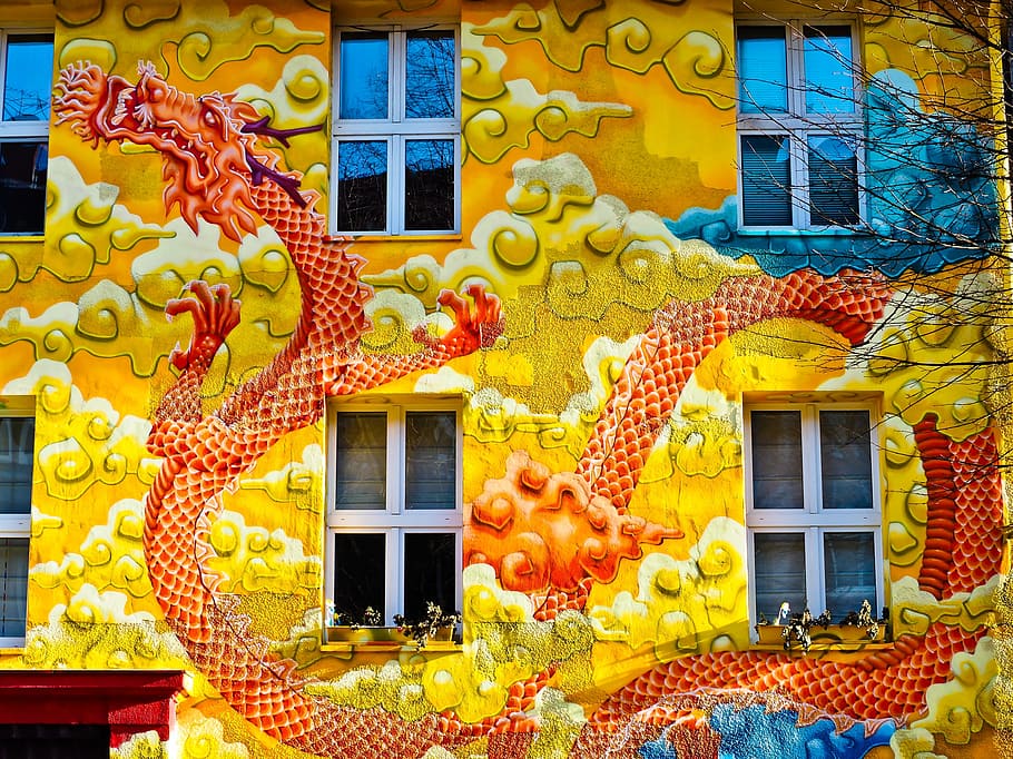 red dragon painted building, facade, painting, wall, art, frescos HD wallpaper