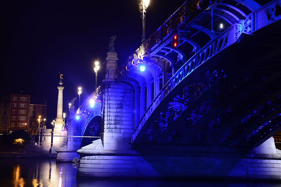 bridge, meuse, river, color, lights, night, reflections, evening HD wallpaper