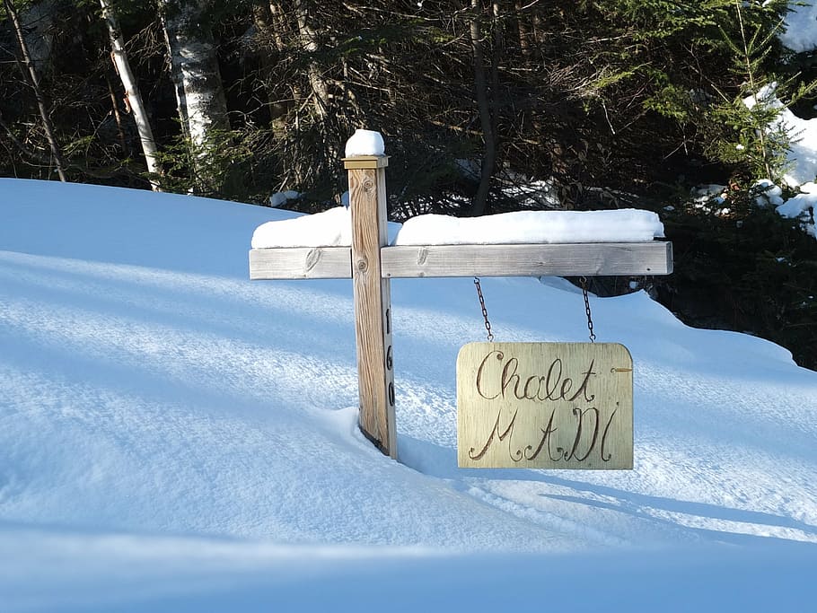 snow, winter, chalet, sign, cold temperature, text, nature HD wallpaper