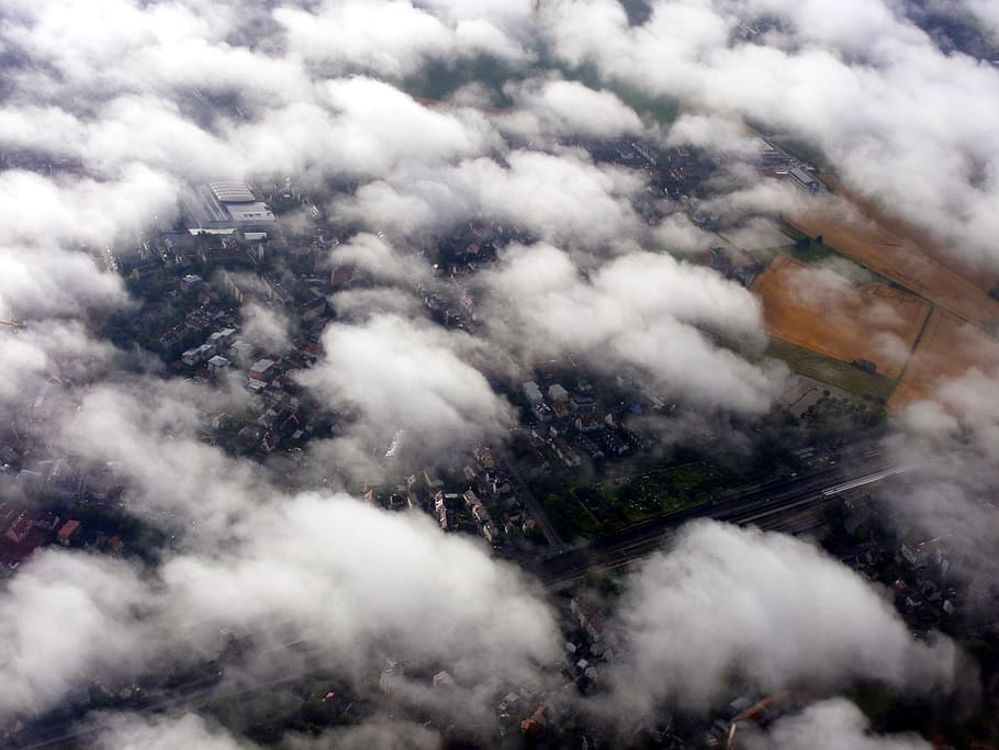 cloud, sky, white, plane, day, the haze, ground, building, environment HD wallpaper