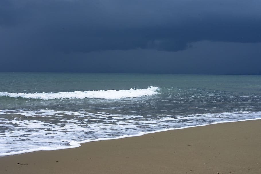 clouds, dark, storm, sky, wave, beach, forward, darkness, mood HD wallpaper