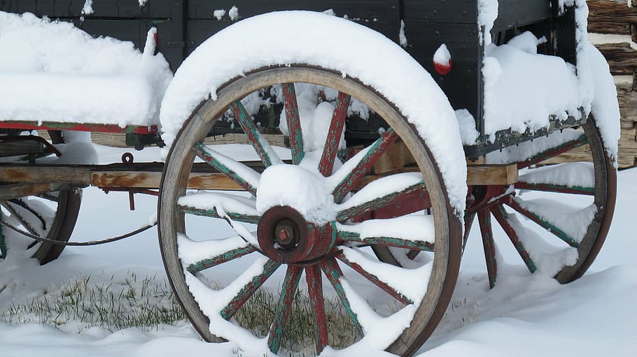 wagon, wheels, winter, snow, rustic, rural, antique, wooden HD wallpaper