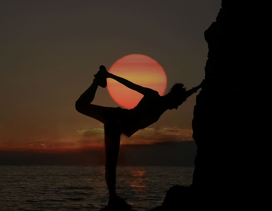 gymnast, sunset, silhouette, sports, woman, yoga, sky, water.