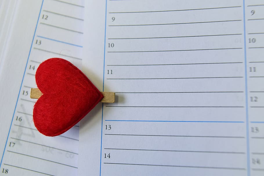 white printer paper beside red heart decor, calendar, time HD wallpaper